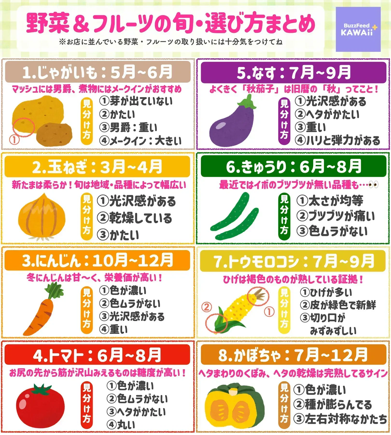 野菜や果物が食べたくなるなる！🔆
野菜・フルーツの旬と選び方をまとめたよ🍅🌽🍆 