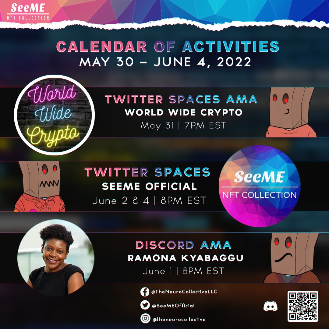 SeeMEOfficial's tweet photo. 🗓️SAVE THE DATES🗓️

We are packed this week. Back to back AMAs on Twitter and Discord. Spread the word, everybody! 
We can't wait to see you in these events. https://t.co/8CwWVY3NSD
