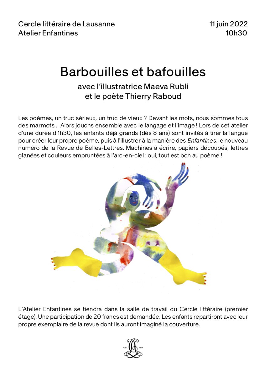 RaboudThierry's tweet photo. Vos mômes aiment les mots? 👦👧
N'hésitez pas à les inscrire à cet atelier "Barbouilles et bafouilles", organisé par La Revue de Belles-Lettres en collaboration avec le Cercle littéraire de Lausanne !  
En compagnie de l'illustratrice Maeva Rubli.
#poésie https://t.co/rTV5YO114a