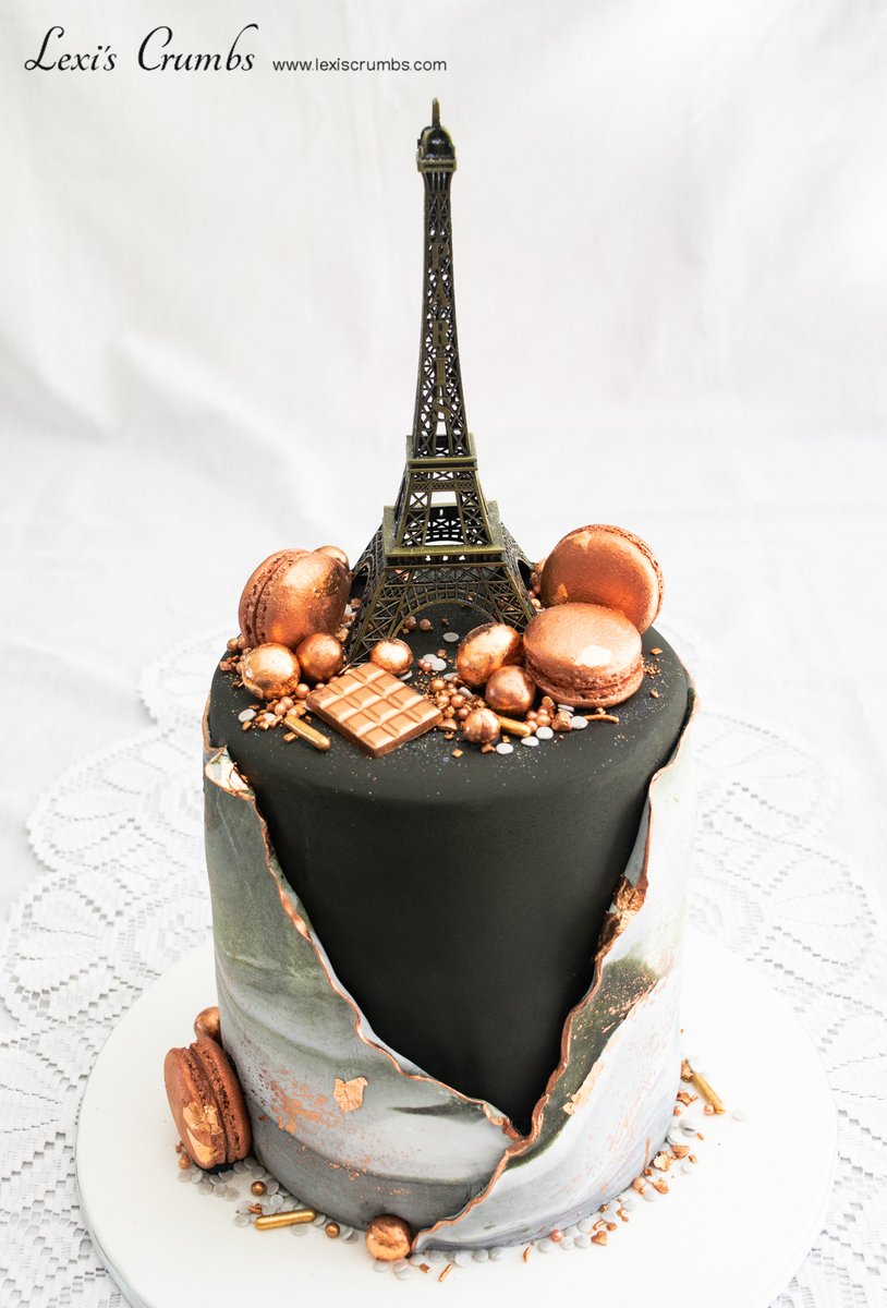 Lexiscrumbs's tweet image. Wrap cake in black and rose gold for a 21st celebration. Eiffel Tower topper clients own. 
#eiffeltowercake