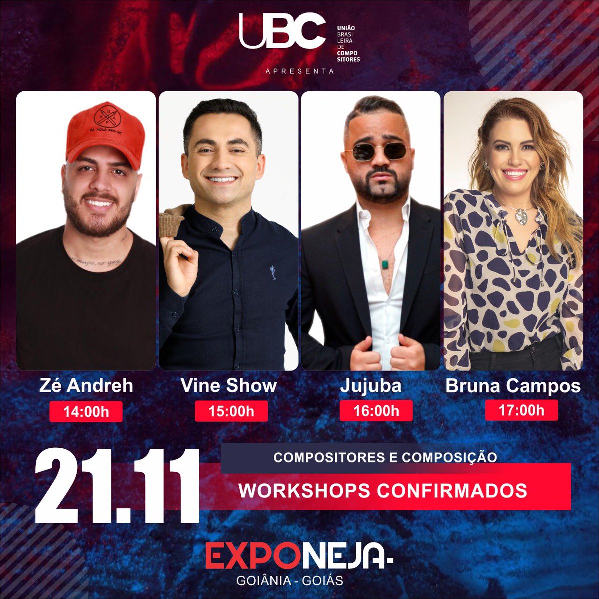 exponeja's tweet photo. A Exponeja é um dos maiores Congressos de música do Brasil e o único, dedicado 100% para a música sertaneja! 

Preparamos uma sequência de workshops na tarde do dia 01 da Exponeja de tirar o fôlego: @zeandrehh | @VineShowOficial | @jujubapoeta | @brunacampos 

#exponeja #goiania https://t.co/g1YzoxtlHE