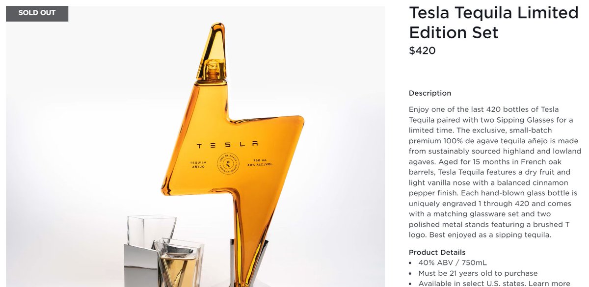 uapcappa's tweet photo. The remaining 420 Tesla Tequila Sets are sold out. If I would've known sooner I would've bought one :/ #Tesla #Teslaquila @elonmusk https://t.co/E4mI9tW4lr
