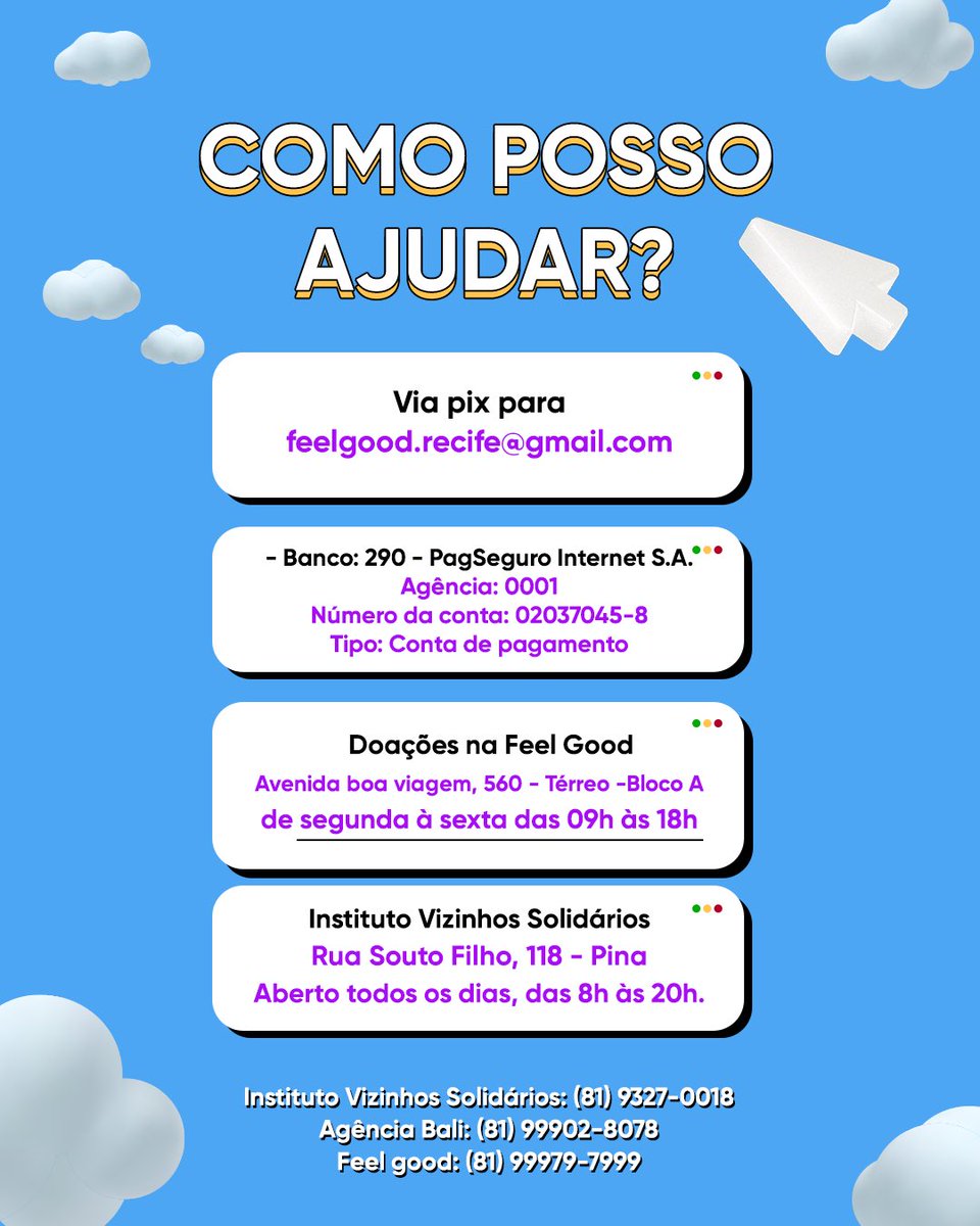 WehooFestival's tweet photo. 🚨 WE HELP! 🚨

Como ajudar:
• Via pix para feelgood.recife@gmail.com

• Banco: 290 - PagSeguro Internet S.A.
Agência: 0001
Número da conta: 02037045-8
Tipo: Conta de pagamento

(+) https://t.co/SjDM80HP53
