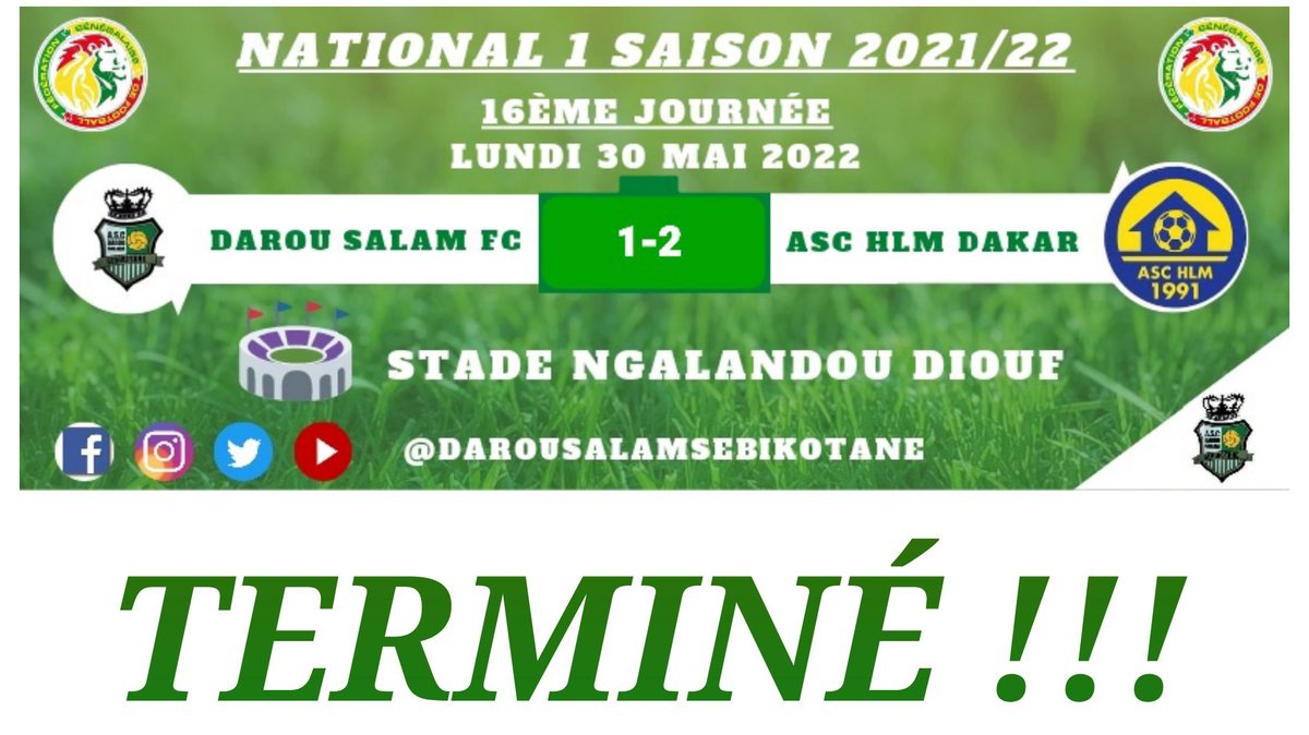 DarouSalamSebi's tweet photo. 𝔽𝕦𝕝𝕝 𝕋𝕚𝕞𝕖 ⚽
DAROU SALAM perd 2-1 face à HLM DAKAR  
#NATIONAL1 #DAROU #SEBIKOTANE #VERTBLANC #DSSM https://t.co/5h9DOa66Nd