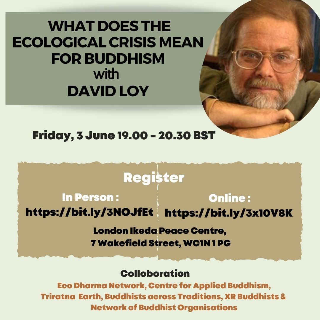 BuddhistsT's tweet photo. Online and in person talk with @DavidLoy
#ecosattva #ecologicalcrisis #ecodharma
@XRBuddhists @earthholdersangha https://t.co/PFU0HIwq2e