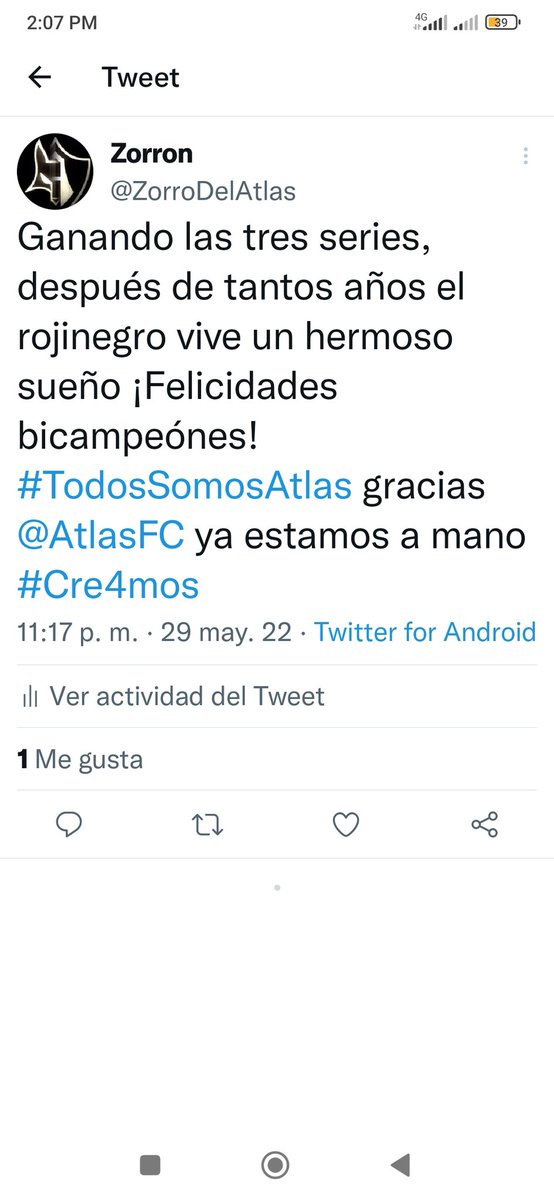ZorroDelAtlas's tweet photo. @AlexPelayo_ @AtlasFC ¡ Ya ! Desde ayer estimado Rojinegro #TodosSomosAtlas https://t.co/m85zaVVOrz