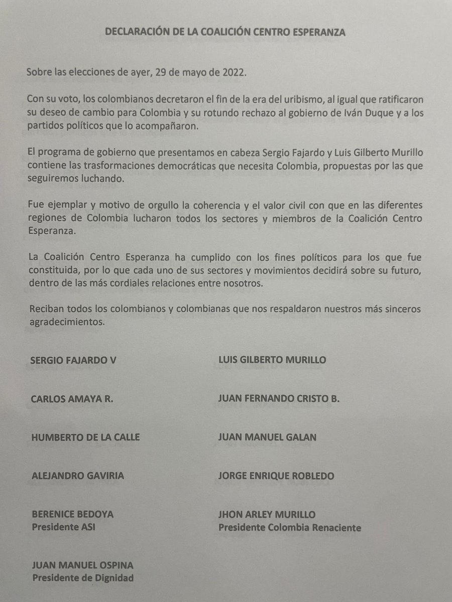 Declaración Coalición Centro Esperanza