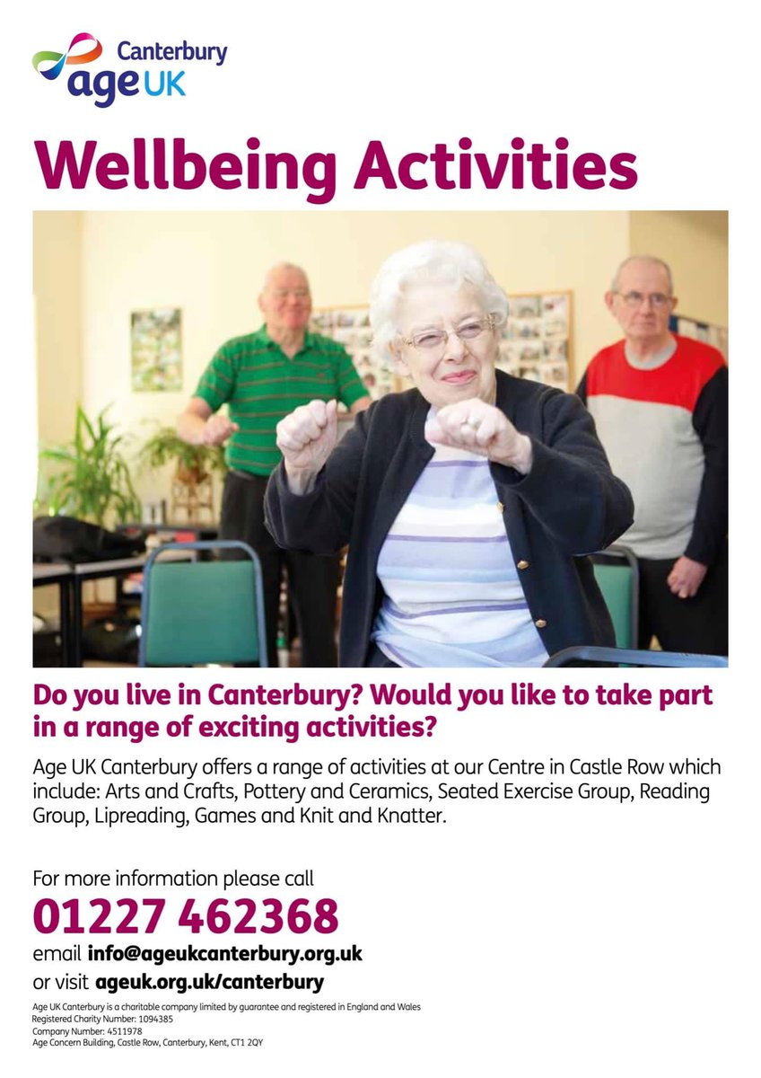 We have a wonderful array of Wellbeing Activities at our Centre.  Please give us a call on 01227 462368 if you would like to know more, or email us💌 at:  info@ageukcanterbury.org.uk