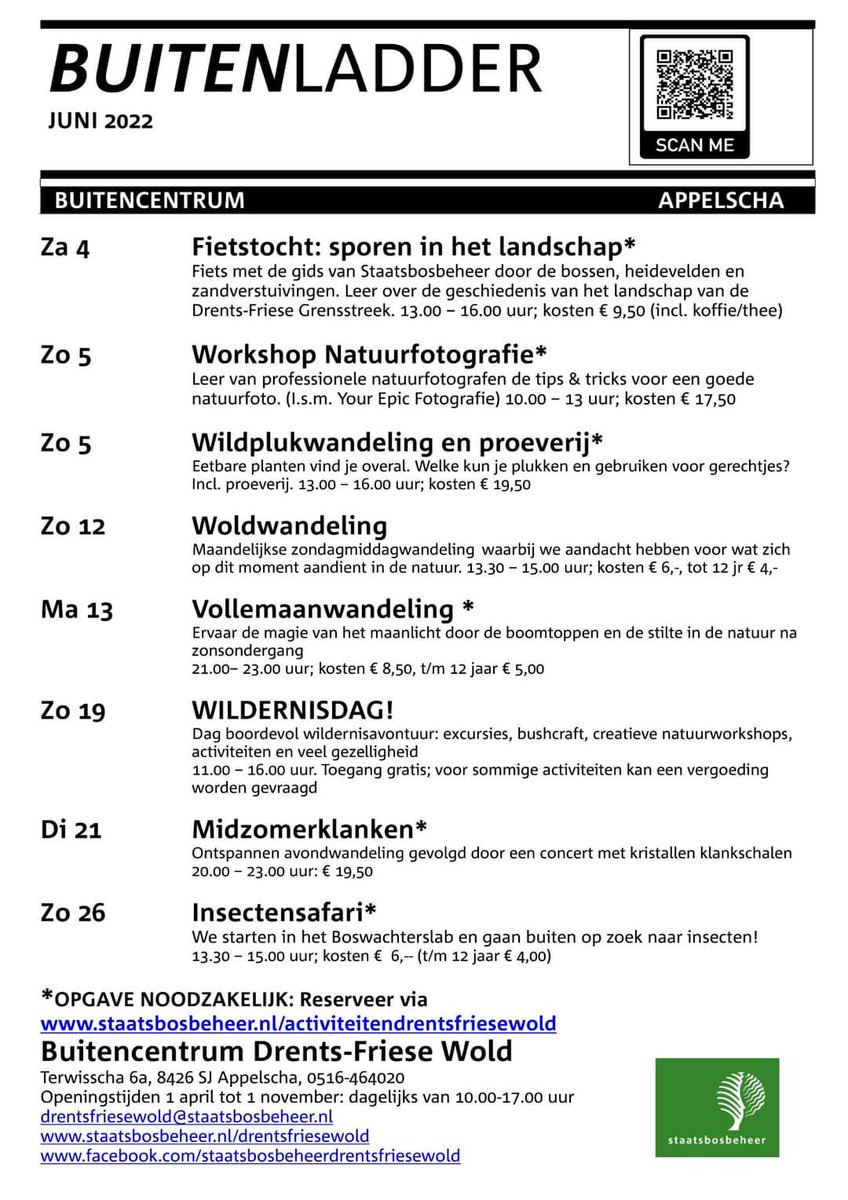 In juni hebben we weer een goed gevuld activiteitenprogramma. Kies je voor avontuur op de Wildernisdag of liever voor verstilling tijdens een bijzonder klankconcert?
Meld je aan via de website staatsbosbeheer.nl/activiteitendr…