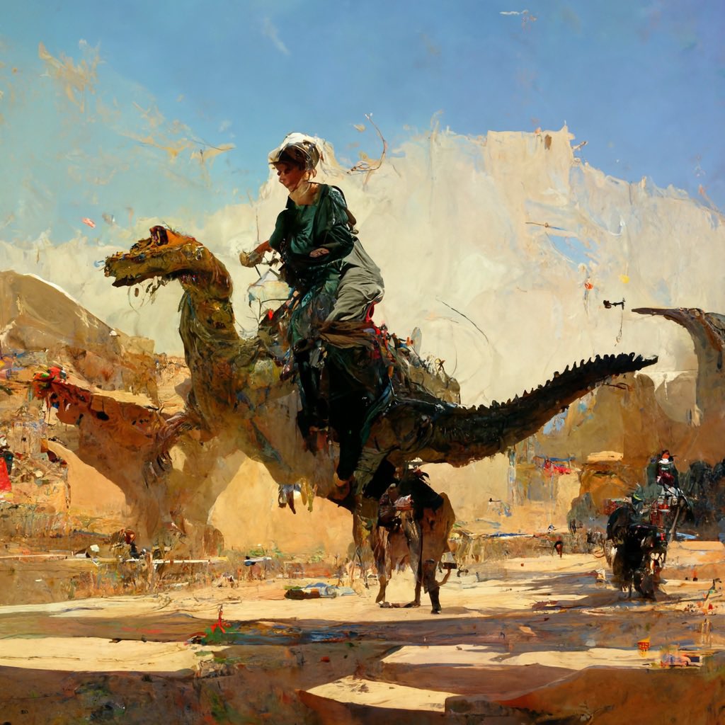artisticbehav's tweet photo. Riding a dinosaur. 🦖 

#digitalart #aiart #artwork #starryai #wombodream #discodiffusion #nightcafestudio #midjourney #artworks #painting #art #creativity #artisitic https://t.co/LwGNnJdFcL