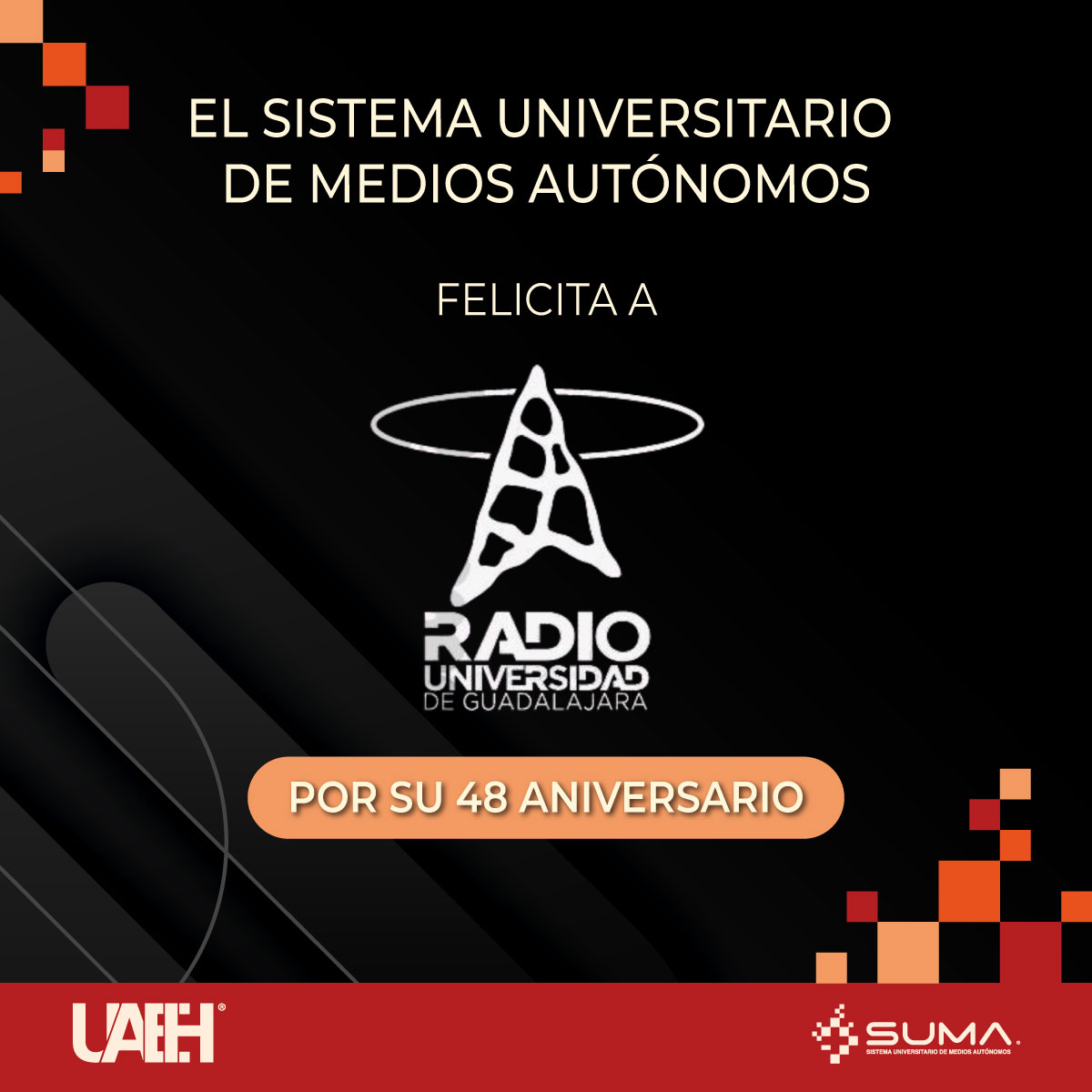 SumaUaeh's tweet photo. Nos complace felicitar a @RadioUdeG por estos 48 años al aire, llevando contenidos de calidad a los hogares de los jaliscienses. ¡Enhorabuena! Y que vengan más años.
#sumauaeh #mediosautonomos #sumaradio #soysumauaeh #48Aniversario https://t.co/WkY05F9r4K