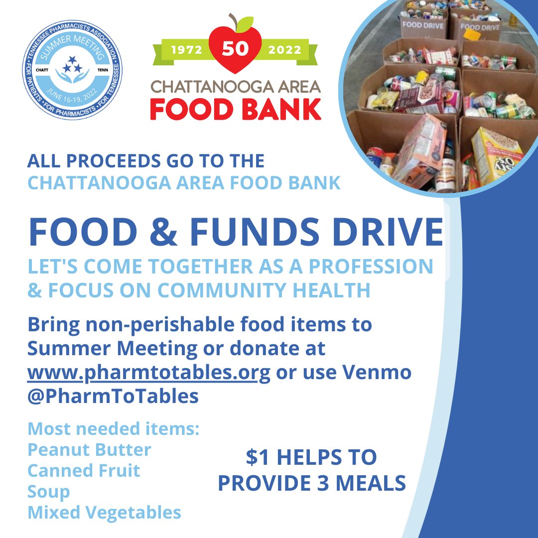 TNPharmacists's tweet photo. TPA is pleased to partner with Pharm2Tables and the Chattanooga Food Back to focus on community health as we come together for #TPASummer2022! With 1 in 8 people in Tennessee struggling with hunger, let's do what we can to help! Donate today at https://t.co/iqjKYVEfHO! #TPATips https://t.co/5Sa8B7DF1y