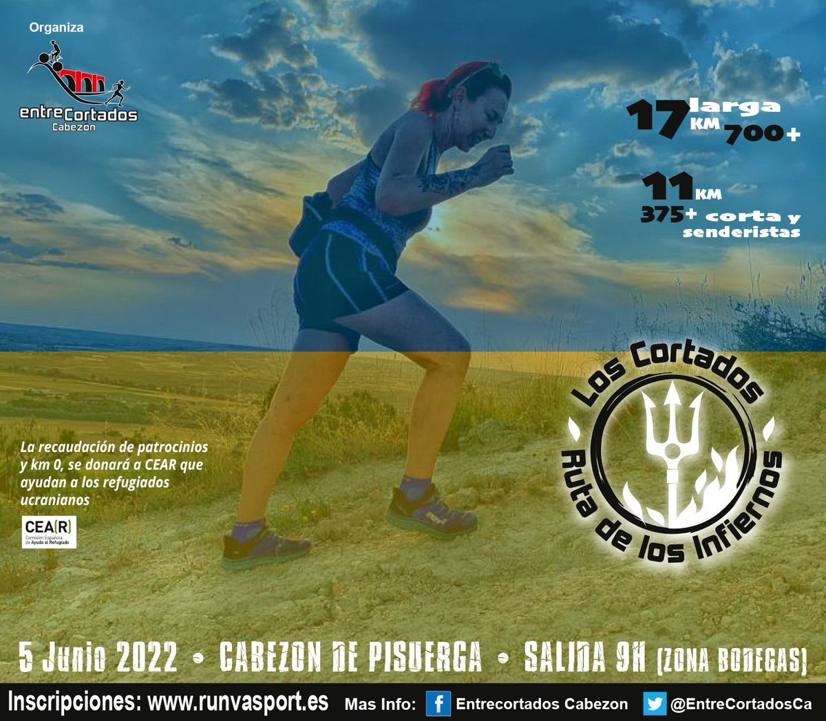 EntreCortadosCa's tweet photo. 🔥 RUTA DE LOS INFIERNOS🔥

🏃Este año ya es la 7ª edición del trail Ruta de los Cortados por los "Cortados de Cabezón"

✔️Tenemos 3 opciones:
📌 Larga con 17 km
📌 Corta con 11 km
📌 Senderismo

Inscripciones aquí👇
https://t.co/Rm5U83eA7d https://t.co/zLra6X2FAg