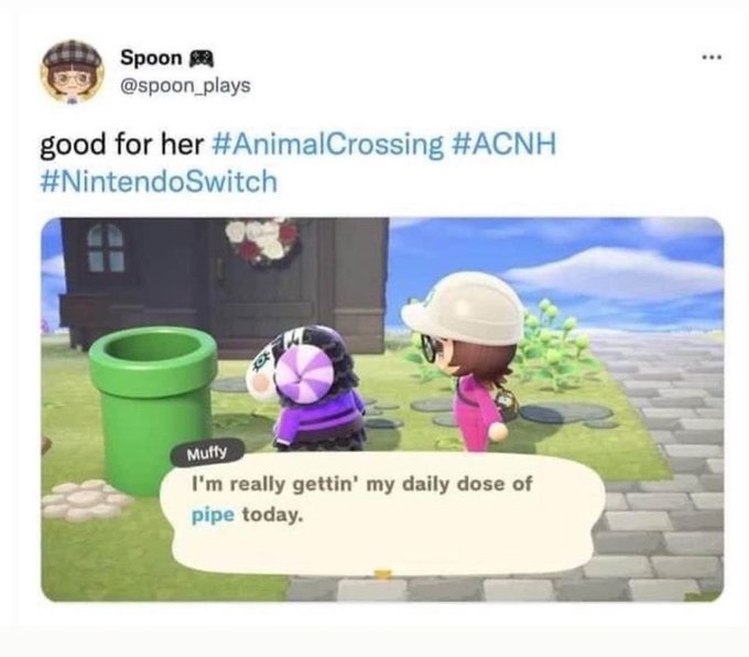 Who else is ready for their daily dose of pipe? #animalcrossing #switch #gettingpiped https://t.co/K<a href="/tag/switch"class="tags"><span>#switch</span></a><a href="/tag/animalcrossing"class="tags"><span>#animalcrossing</span></a><a href="/tag/gettingpiped"class="tags"><span>#gettingpiped</span></a>