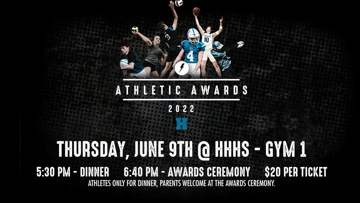 Save the date! The Athletic Awards Banquet is next Thursday, June 9th, in Gym 1! Dinner is at 5:30 PM, and the awards ceremony is at 6:40 PM! ⚡

We can't wait to celebrate our incredible athletes and athletics moments from this school year! 

#hhhs #bleedblue #hhhsathletics