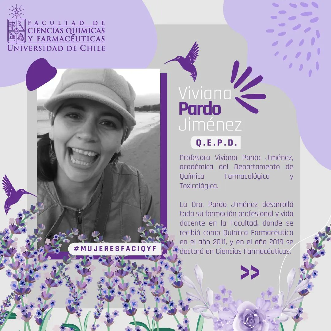 QuimicaUdeChile's tweet photo. La Comunidad Universitaria de nuestra FaCiQyF se encuentra de duelo ante la inesperada partida de la profesora Viviana Pardo Jiménez (Q.E.P.D).
Hoy queremos homenajearla, recordarla y agradecerle por su entrega incondicional a sus estudiantes y a su disciplina. 
#mujeresfaciqyf https://t.co/bObpsQD95n