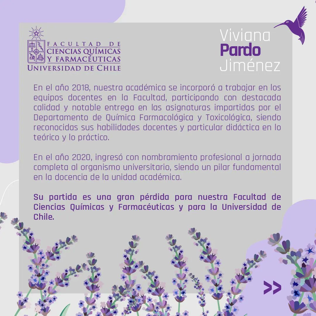 QuimicaUdeChile's tweet photo. La Comunidad Universitaria de nuestra FaCiQyF se encuentra de duelo ante la inesperada partida de la profesora Viviana Pardo Jiménez (Q.E.P.D).
Hoy queremos homenajearla, recordarla y agradecerle por su entrega incondicional a sus estudiantes y a su disciplina. 
#mujeresfaciqyf https://t.co/bObpsQD95n