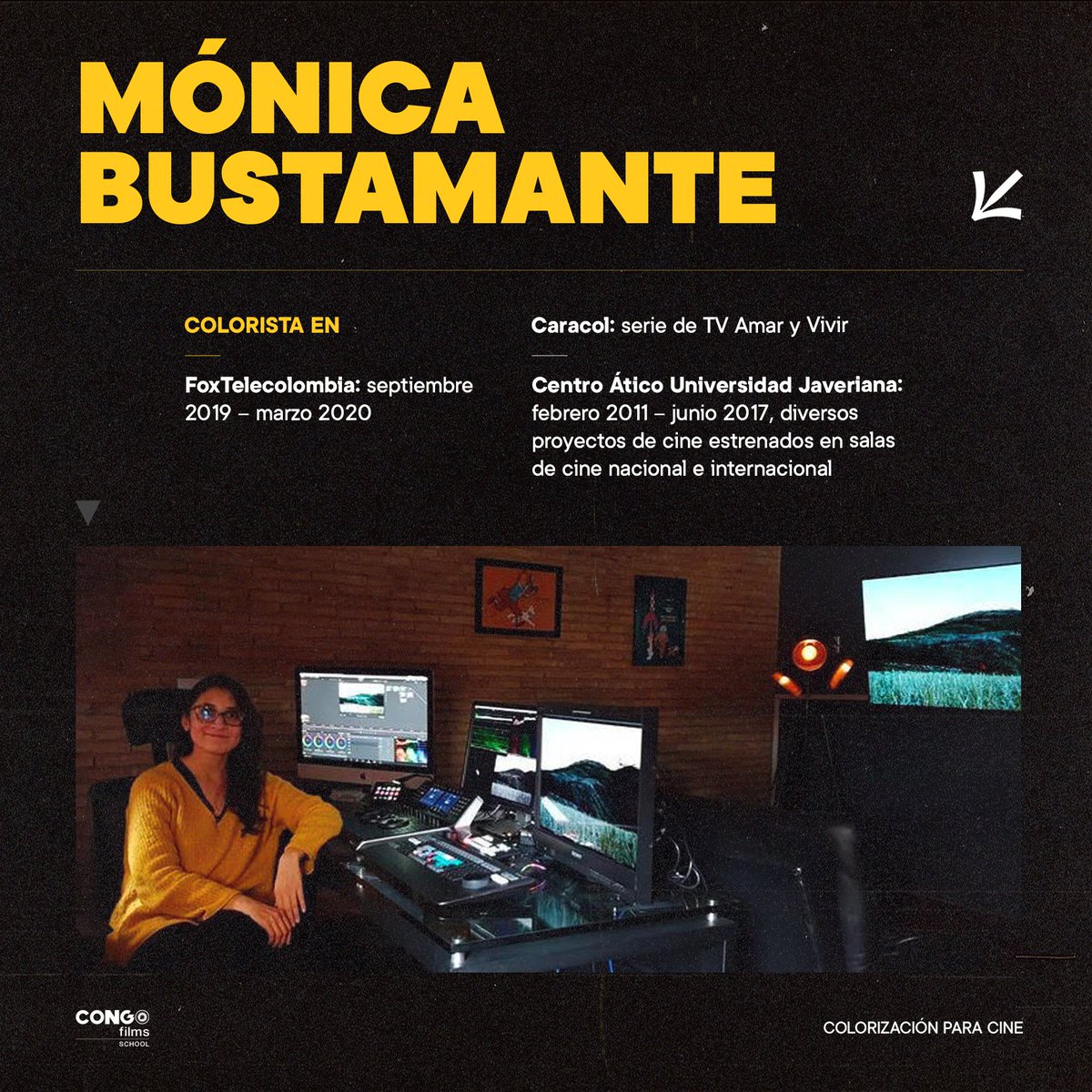 congofilms's tweet photo. Mónica Bustamente a ha trabajado como colorista en diversos proyectos para FoxTelecolombia, Caracol y el Centro Ático de la U. Javeriana. Ven a aprender con ella del 13 al 17 de junio en CFS! https://t.co/NjaSyjDIsn