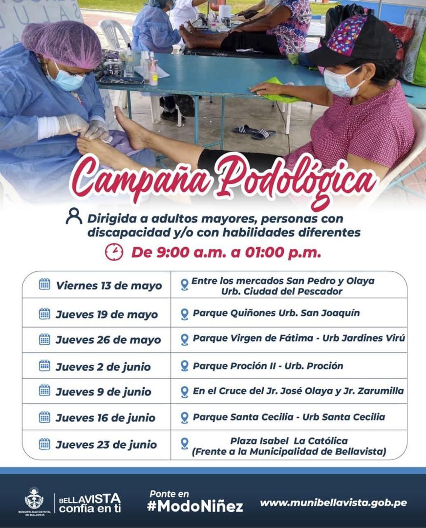 Muni_Bellavista's tweet photo. 🔉#AtenciónVecinos | CAMPAÑA GRATUITA DE PODOLOGÍA

📅Día: Jueves 02 de junio.
⏰Hora: 09:00 a.m. a 01:00 p.m.
📍Lugar: Parque Proción II - Urb. Proción.

⚠️Organiza: Sub Gerencia de Omaped, Proyección Social y CIAM
¡No se lo pierdan!

#BellavistaConfíaEnTi
#ModoNiñez https://t.co/COAxECCWNV