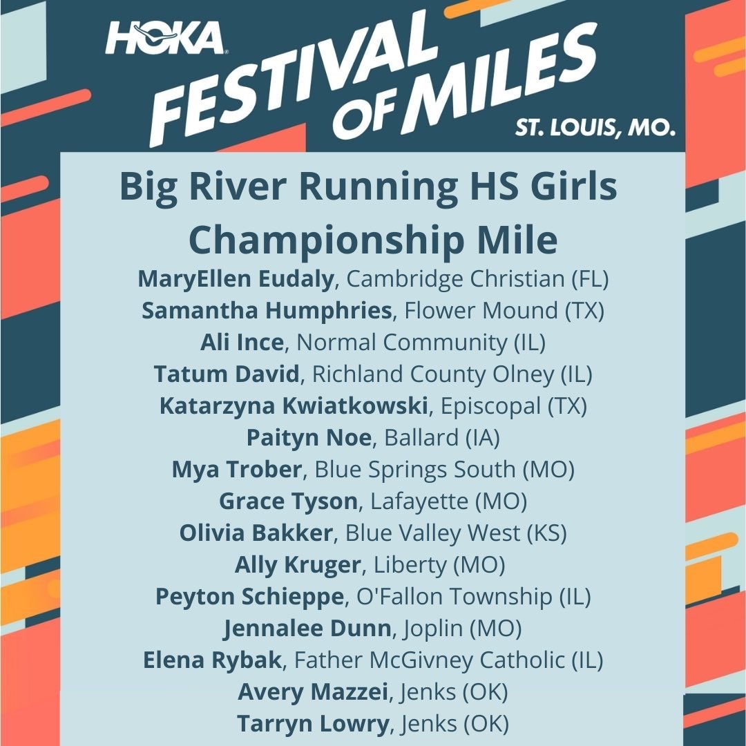 FestivalofMiles's tweet photo. Introducing the 2022 @hoka Festival of Miles @bigriverrunning High School Girls Championship Mile Field! 🔥🔥🔥 https://t.co/o7vDgjxV8Z