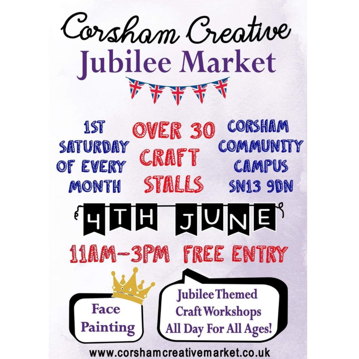 CorshamCreative's tweet photo. Hi @WiltsHour! Come to Corsham Creative Jubilee Market THIS SATURDAY for all day craft workshops, handmade stalls, face painting, food and more #wiltshour https://t.co/Z3J93DoCFI