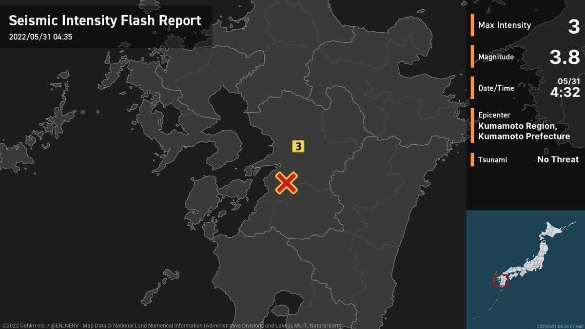 Earthquake Flash Report – 5/31
At around 4:32am, an earthquake with an estimated magnitude of 3.8 occurred near Kumamoto, Kumamoto Prefecture at a very shallow depth. There is no threat of a tsunami. #earthquake https://t.co/HrWtTBFm4Z
