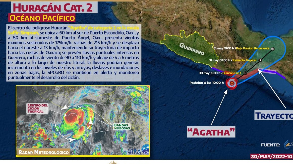 Heraldoradioaca's tweet photo. #AGATHA #Guerrero 📌 Los desprendimientos nubosos pueden afectar regiones de La Montaña y Costa Chica del estado, por lo que la dependencia alerta ante el pronóstico de lluvias intensas y vientos fuertes 🌧️⛈️ https://t.co/wlF4ABez3b