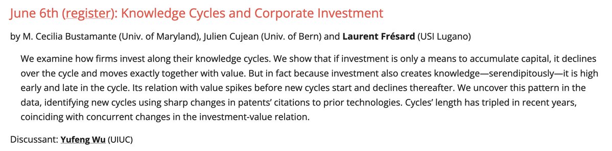 The final Spring <a href="/workshopefi/">WEFI</a> is Monday 6/6 @ 12pm ET. <a href="/LaurentFresard/">laurent fresard</a> (<a href="/USI_en/">USI University</a>) presents "Knowledge Cycles and Corporate Investment" Discussed by <a href="/YufengWu14/">Yufeng Wu</a> (<a href="/giesbusiness/">Gies Business</a>).

Register: caltech.zoom.us/meeting/regist…
Paper: papers.ssrn.com/sol3/papers.cf…