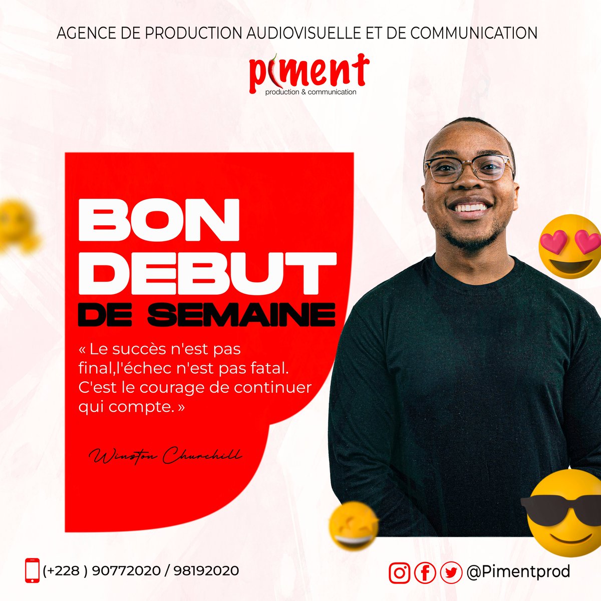 PimentProdCom's tweet photo. "Le succès n'est pas final, l'échec n'est pas fatal". Ne manquez jamais le courage de continuer💪.
Piment Production vous souhaite un bon début de semaine.
#pimentproduction #communication #audiovisuelle #photographie #vidéo #reportages #Mai2022 #BonneSemaine https://t.co/ctwPdDy4on