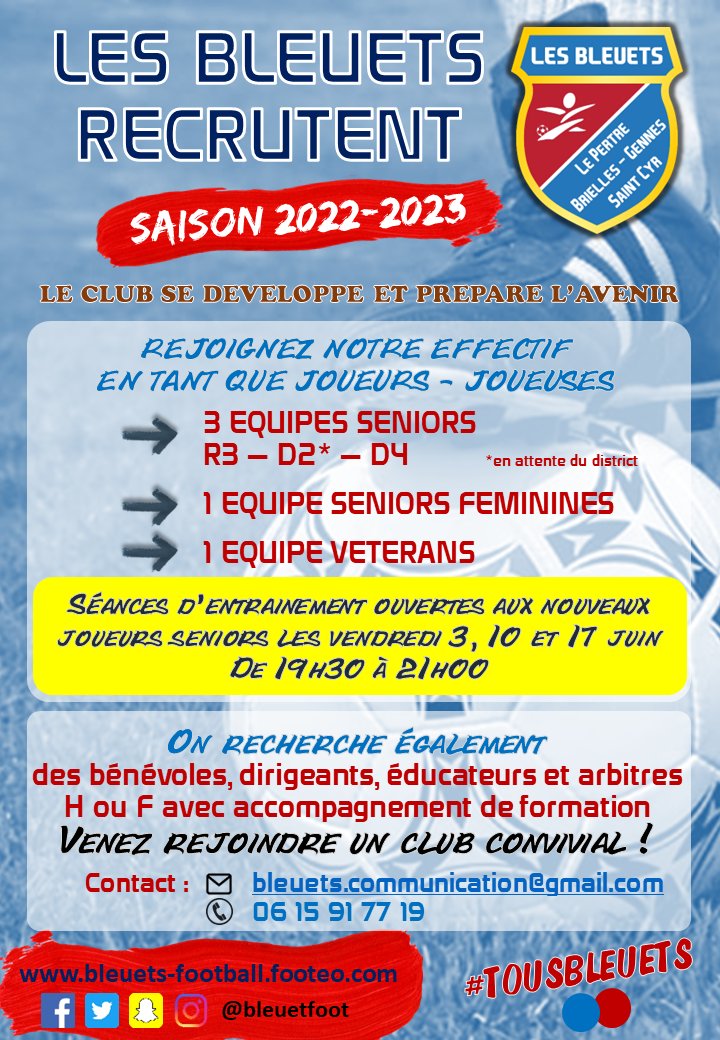 bleuetsfoot's tweet photo. La saison 2021-2022 s'est terminée avec un maintien en R3 sur le fil. 👊
Les bleuets se projettent déjà sur la nouvelle saison 2022-2023 et recrutent des joueurs ou des joueuses en seniors pour compléter l'effectif. https://t.co/s1R9P4IpjF