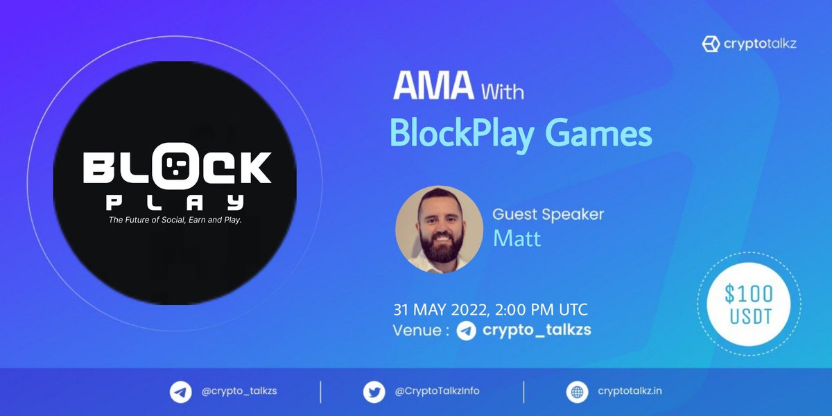 CryptoTalkzInfo's tweet photo. Crypto Talkz will host AMA with BlockPlay on 31st May 2022 at 2:00 PM UTC

💰Rewards Pool : $100 USDT

🏠Venue : https://t.co/lzUOspydA2

Rules:
1⃣ Follow @CryptoTalkzInfo &amp; @BPMetaverse
2⃣ Like &amp; Retweet
3⃣ Comment Questions &amp; Tag 3 Friends (max 3 questions) https://t.co/LTGhmUh5bf