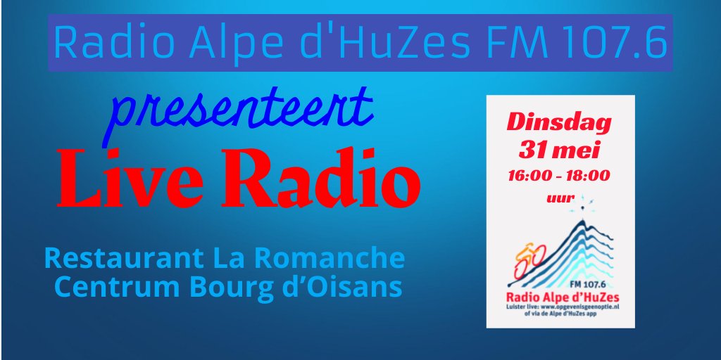 Ad6Radio's tweet photo. Radio Alpe d'HuZes FM 107.6 presenteert vandaag Live Radio vanaf Restaurant La Piscine in het centrum van Bourg d'Oisons.

Live Uitzending van 16:00 tot 18:00 uur

@Ad6Radio  @alpedhuzes #ad6 https://t.co/BvNSklnpjJ