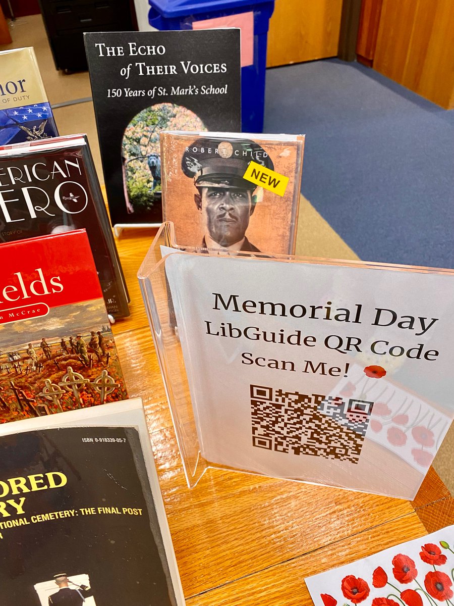 SMLionsLibrary's tweet photo. @SMLions, take the day to reflect on the ultimate sacrifice our military #heroes made to preserve our freedom, including past St. Markers who gave their lives to defend our #flag. Stop by @SMLionsLibrary &amp; scan the #QRCode to access the new #LibGuide. #SMLionPride #smlearns 🇺🇸 🎖️ https://t.co/gTUahgFyU0