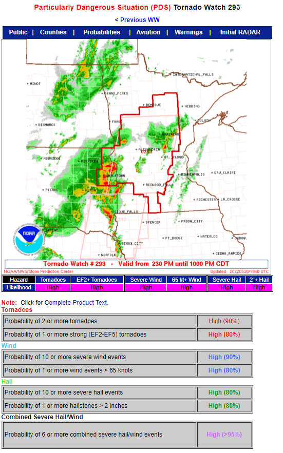Particularly Dangerous Situation tornado watches are uncommon. It is also uncommon to see "high" probabilities for every hazard, including strong tornadoes. Take this tornado watch seriously.