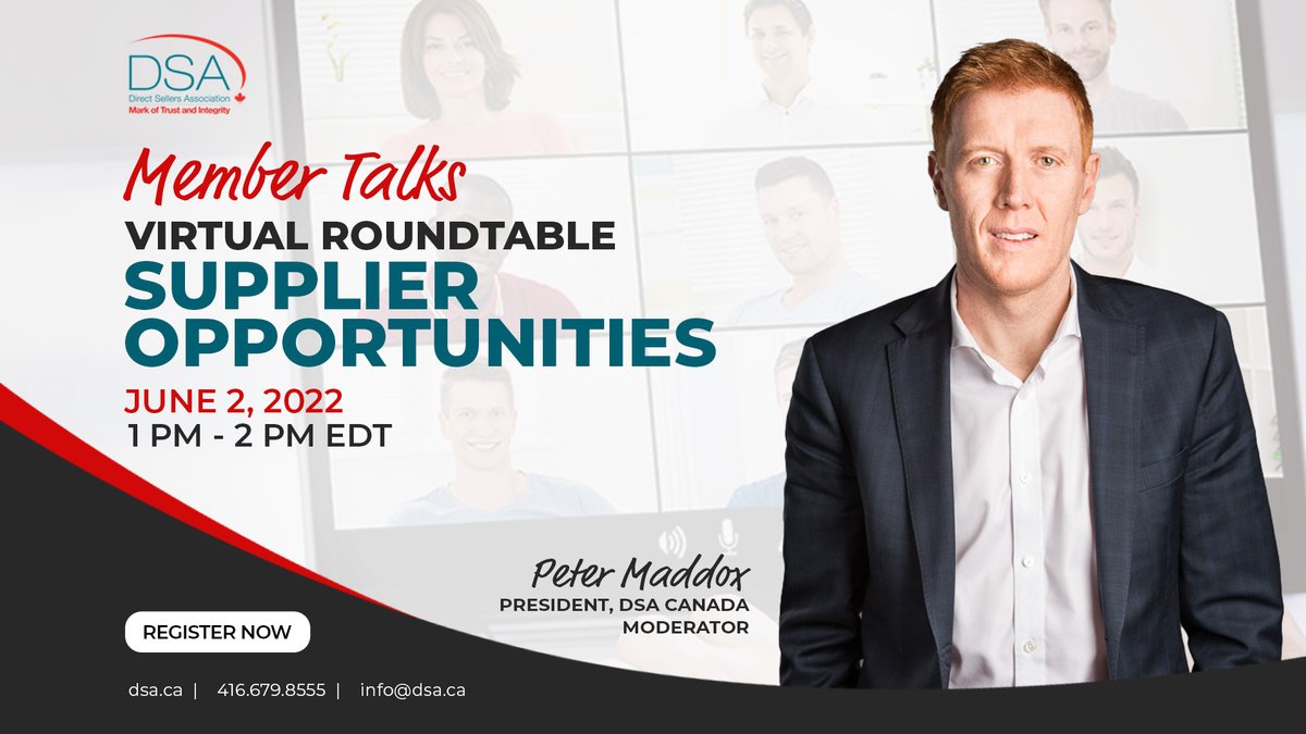 DSACanada's tweet image. If you&apos;re a DSA Canada supplier member, don&apos;t forget to join us this Thursday for an exclusive Member Talks discussion on Supplier Opportunities, from 1:00 p.m. to 2:00 p.m., EDT.

To learn more and register, visit: dsa.ca/member-talks-s…

#directselling #dsacanada #membertalks