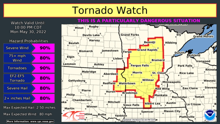 NWSSPC's tweet photo. A PDS Tornado Watch is in effect until 10 pm CDT for extreme northeast South Dakota into central Minnesota. Several tornadoes, a few significant (EF 2+), widespread damaging gusts to 80 mph and large hail are possible. https://t.co/cL9pG7IbxU