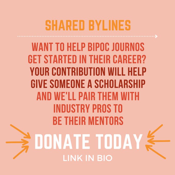 Donations? In this economy? We know not everyone can contribute with their dollars, but your retweets are SO appreciated, and free!! We need to spread the word to boost the scholarships for our <a href="/sharedbylines/">Shared Bylines</a> students to reach far and wide. Give us some 🧡gofundme.com/f/shared-bylin…