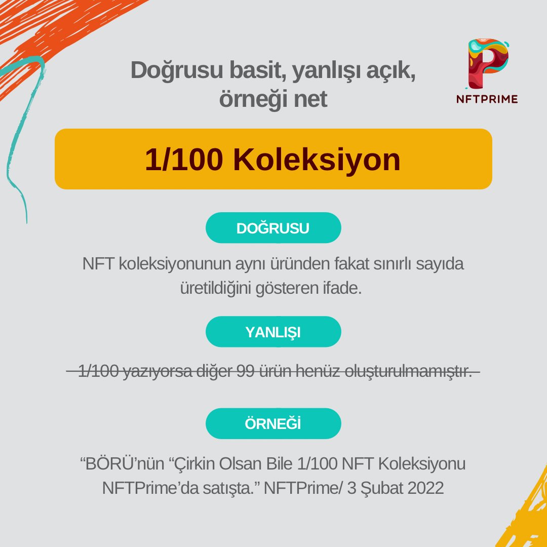 nftprimecom's tweet image. ✅ Doğrusu basit 
❎ Yanlışı açık
✳️ Örneği net: 1/100 Koleksiyon nedir?

#NFTPrime #NFTCollection #NFTs #collectibles