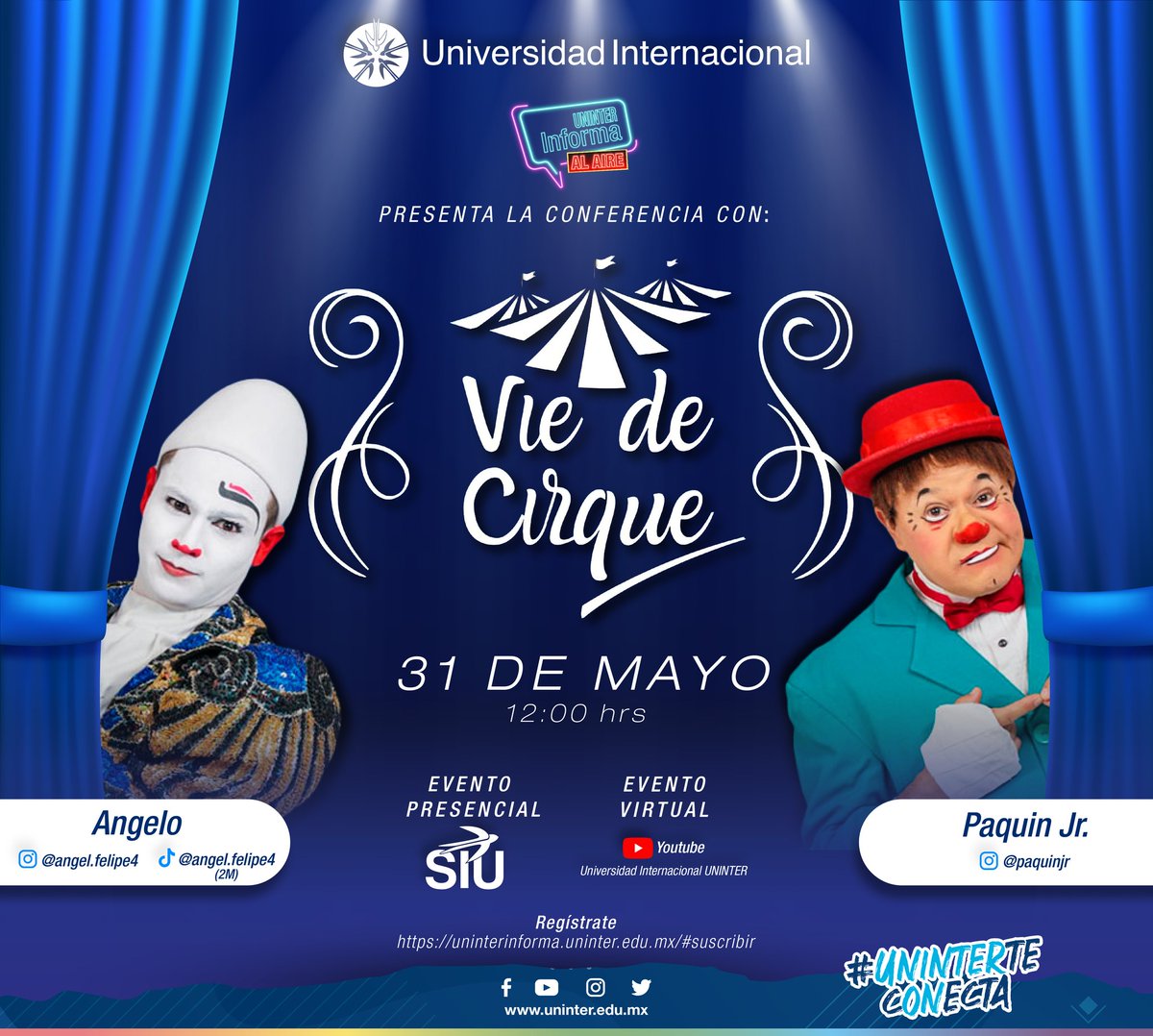 Uninter_Cuerna's tweet image. ¡Uninter Informa al Aire presenta a Vie de Cirque! 🤡

No te pierdas a este par de artistas reconocidos a nivel nacional e internacional que han trabajado alrededor de todo el mundo.🌎
Regístrate en el siguiente enlace para poder asistir:
uninterinforma.uninter.edu.mx/#suscribir
#UninterTeConecta
