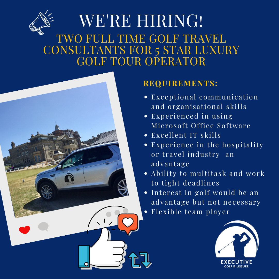 We're Hiring! 

Executive Golf and Leisure is hiring two full-time Golf Travel Consultants to deliver our 5-star luxury golf tours. 

All interested candidates should apply by email only to 

mairead@execgolf-leisure.com