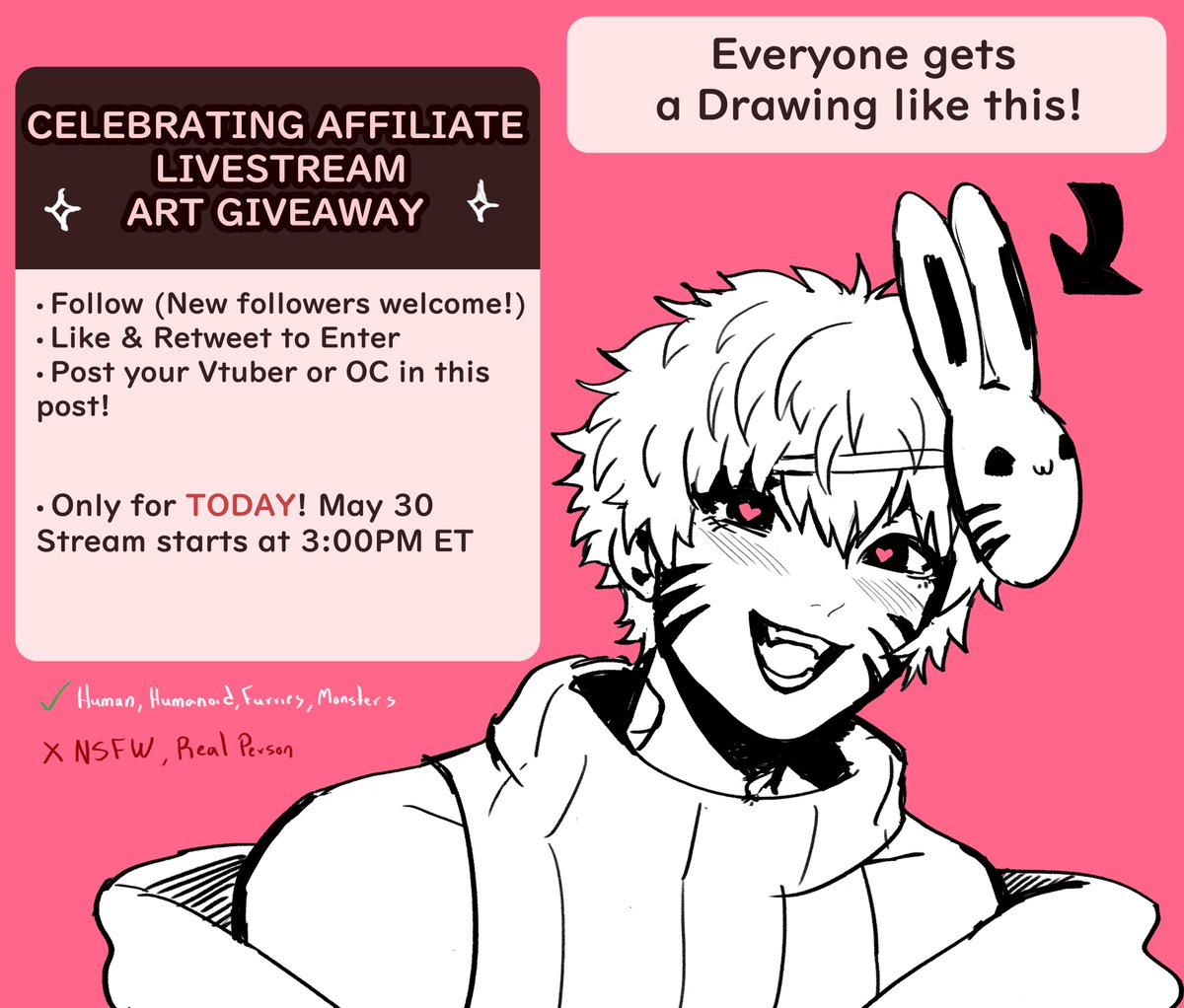 rabbit_masks's tweet photo. ✨ART GIVEAWAY LIVESTREAM! Drawing everyone I can only for today! ✨

🌌Follow (New followers welcome!)
🌌Like &amp; Retweet to Enter
🌌Post your Vtuber or OC in this post! (Only 1 per person)
🌌Only on MAY 30! 

Stream starts at 3:00PM ET 
#Vtuber #VTuberUprising #ENVtuber #giveaway https://t.co/idHe1hZNr9