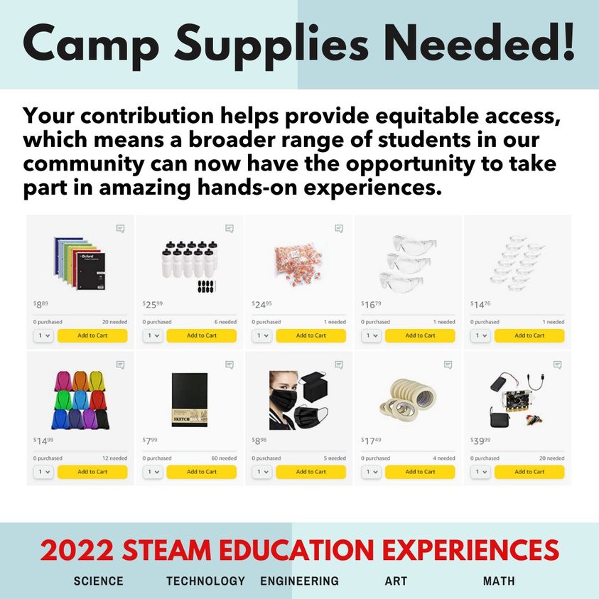 We're getting down to the wire Camp Supplies  still  Needed! You can help by donating directly through a purchase on our Amazon wish list https://t.co/zQMdceX6Um  
.
.
#STEAM #WISNTONSTEAM #MIXXERSTEAMCAMP #SummerCamp #SteamSummerCamp #equitablecamp #supportsteam https://t.co/TG9ODAYnfY