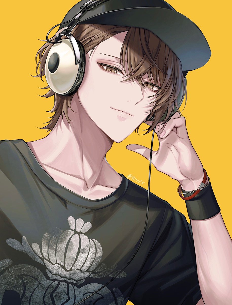 1boy male focus brown hair solo shirt hat headphones  illustration images