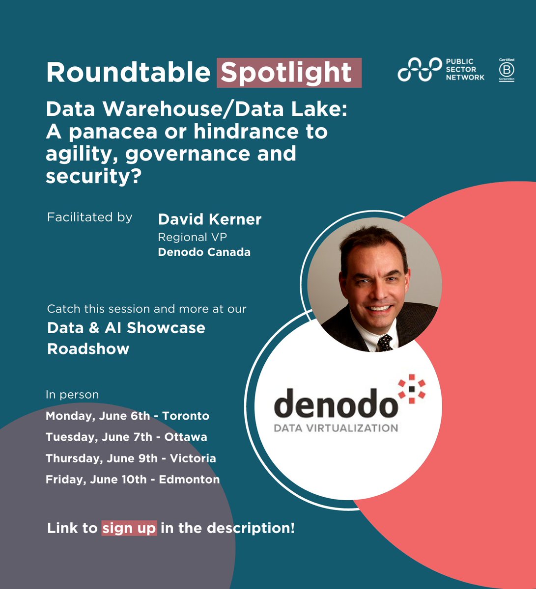 denodo's tweet photo. #Denodo is sponsoring the @ConnectPSN 2022 Roadshow across multiple Canadian Cities. We will be hosting a discussion "Data Warehouse/Data Lake: A panacea or hindrance to agility, governance and security?" with David Kerner. Reserve your seat: https://t.co/BZ9DmFq8BP #PSNData https://t.co/RQACHxs0xh