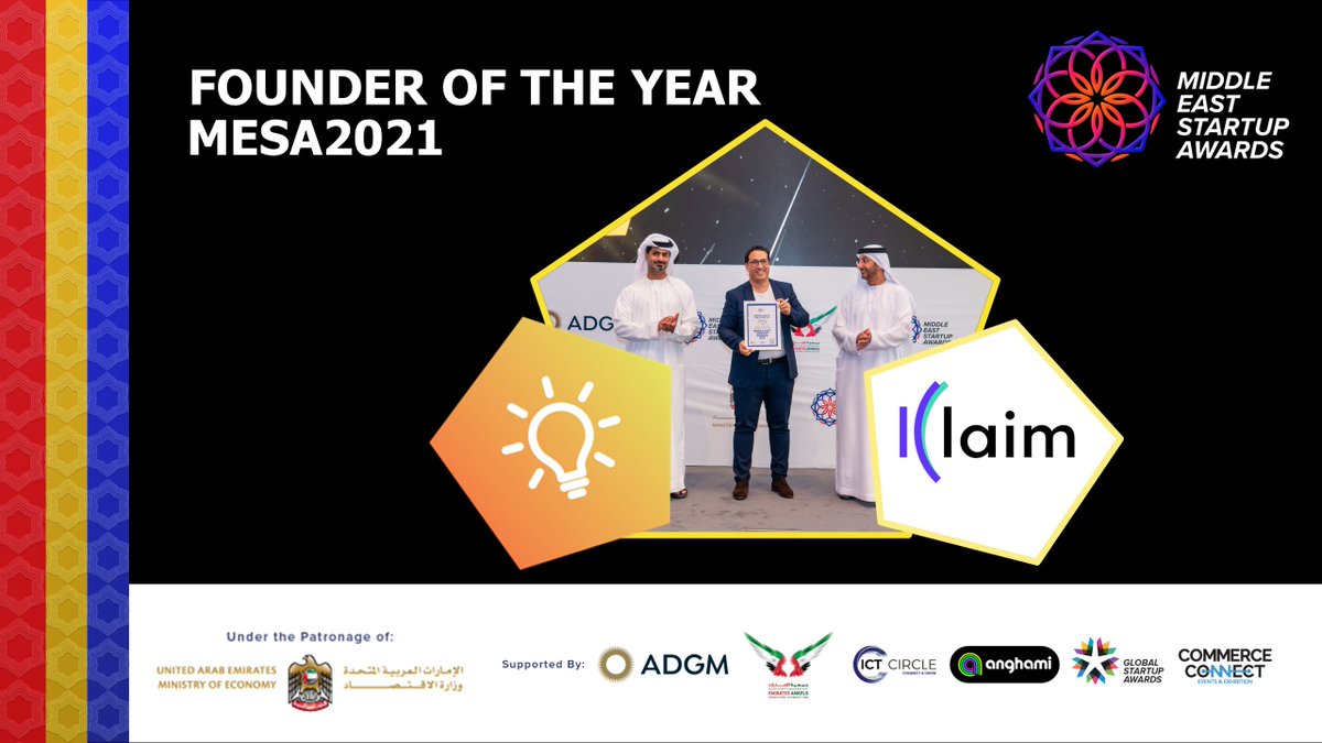 Well deserved claim on the Founder of The Year Title Klaimer Karim Dakki! 

Under the Patronage of the Ministry of Economy UAE with the strong support of Abu Dhabi Global Market, Emirates Angels, ICT Circle, Global Startup Awards &amp; Commerce Connect
