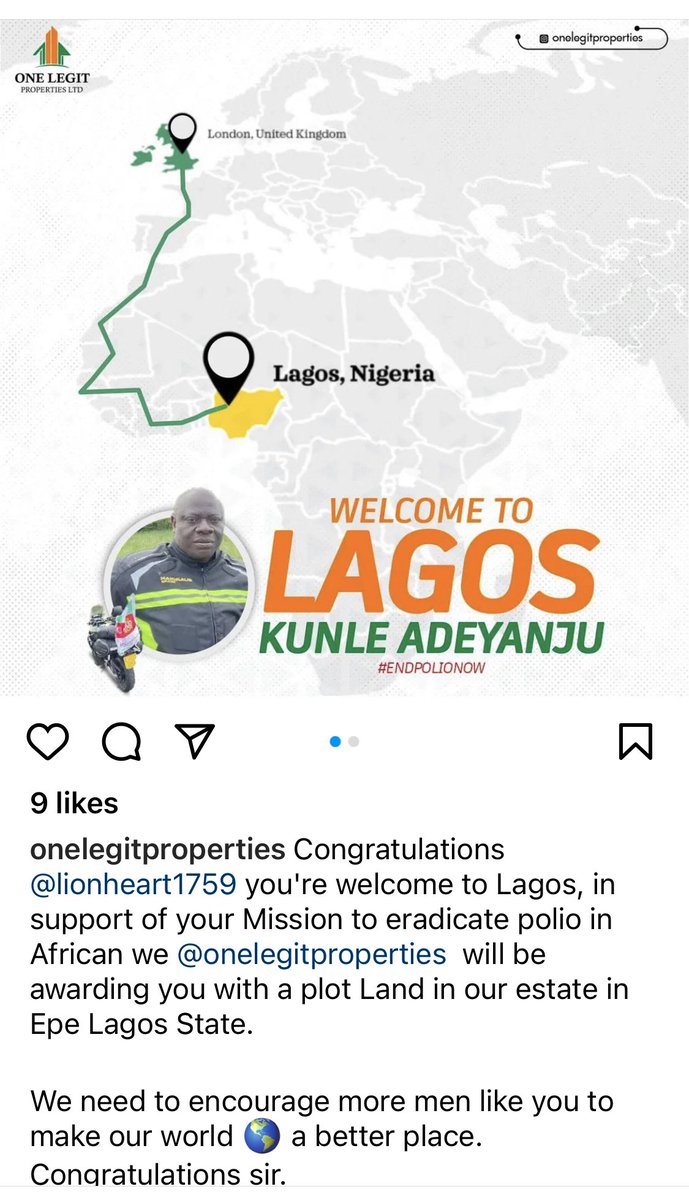 I received the communication below from @onelegitproperties offering me a plot of land in their estate in Lagos.

I say a big thank you for being “socially responsible” and for your generosity ……… PROUDLY NIGERIAN!

#EndPolio 
#LionHeart
#ThinkAfrica 
#LondonToLagos