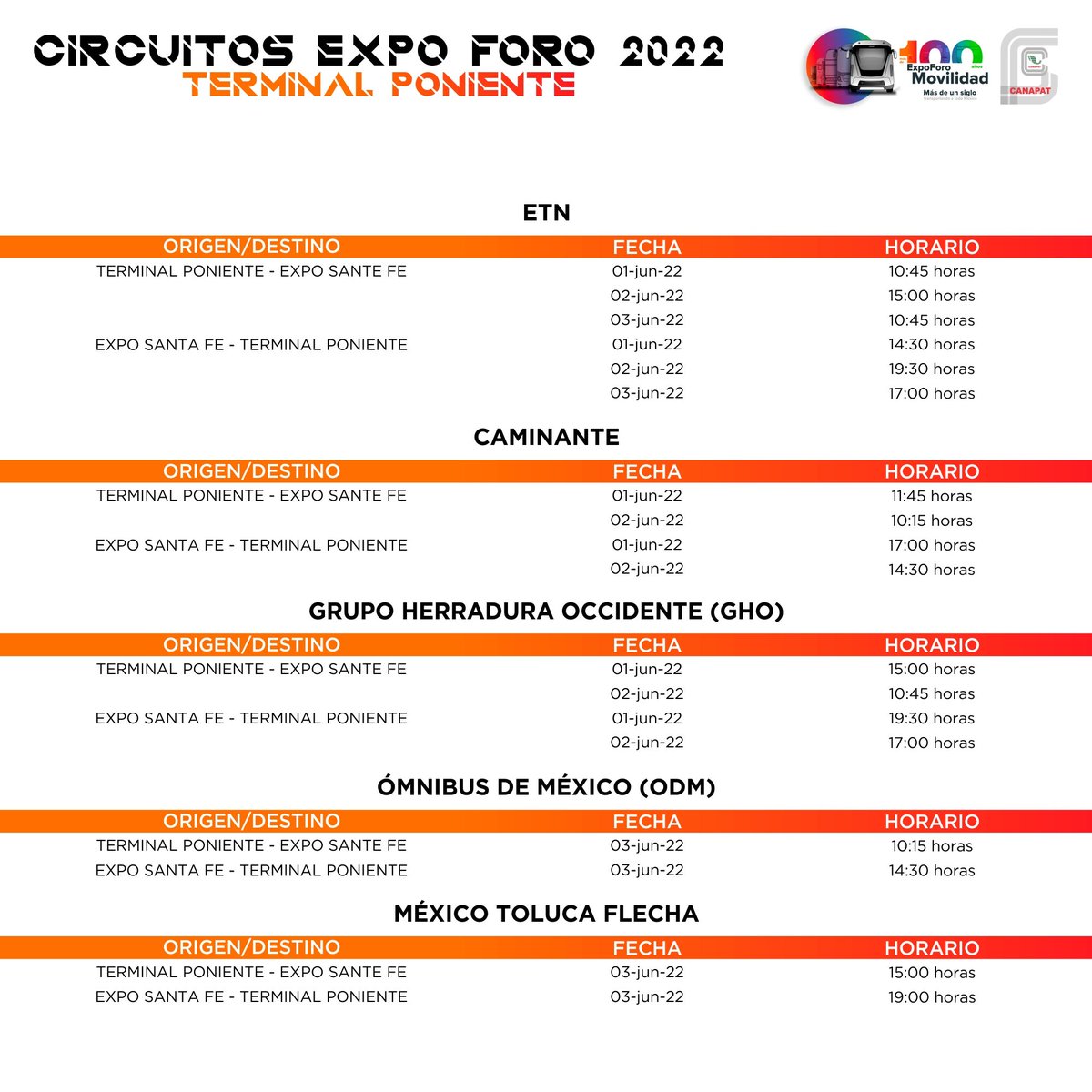 CANAPAT's tweet photo. Planea tu visita para asistir a Expo Foro.

🕛 Consulta los horarios de salida desde tu terminal más cercana. El transporte es gratuito. 

👉 Pre-registrarte: https://t.co/ESXGipkrOg

#ExpoForo2022 #MásDe100AñosTransportandoATodoMéxico https://t.co/YDZ1IcDNtA