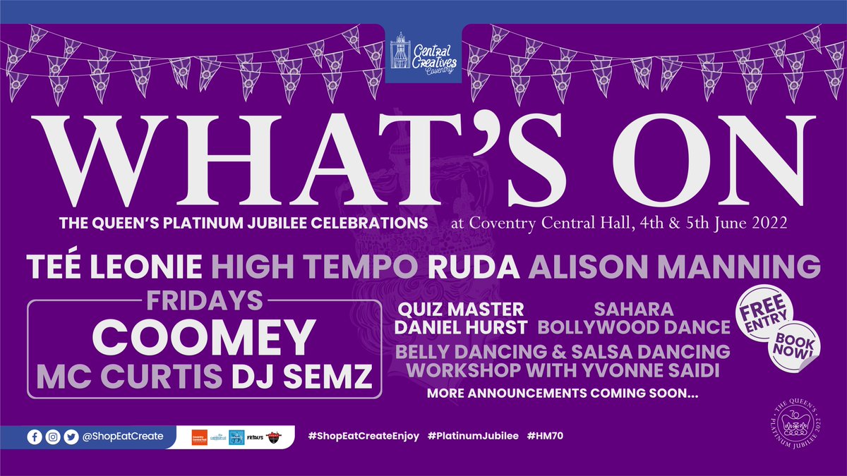 Come on down to Central Hall on the 4th &amp; 5th June for their Platinum Jubilee Celebrations. Check out their performance line up.

Book your FREE tickets here at Eventbrite: eventbrite.com/e/the-queens-p…

#HM70 #PlatinumJubilee #ShopEatCreateEnjoy