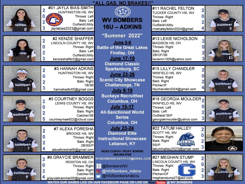 Summer Schedule ! Coaches if you are at any of these events let us know and we will get you a game schedule!  Plenty of talented players still looking for their college home!  Come check them out !! #bombernation 💙🤍💣
