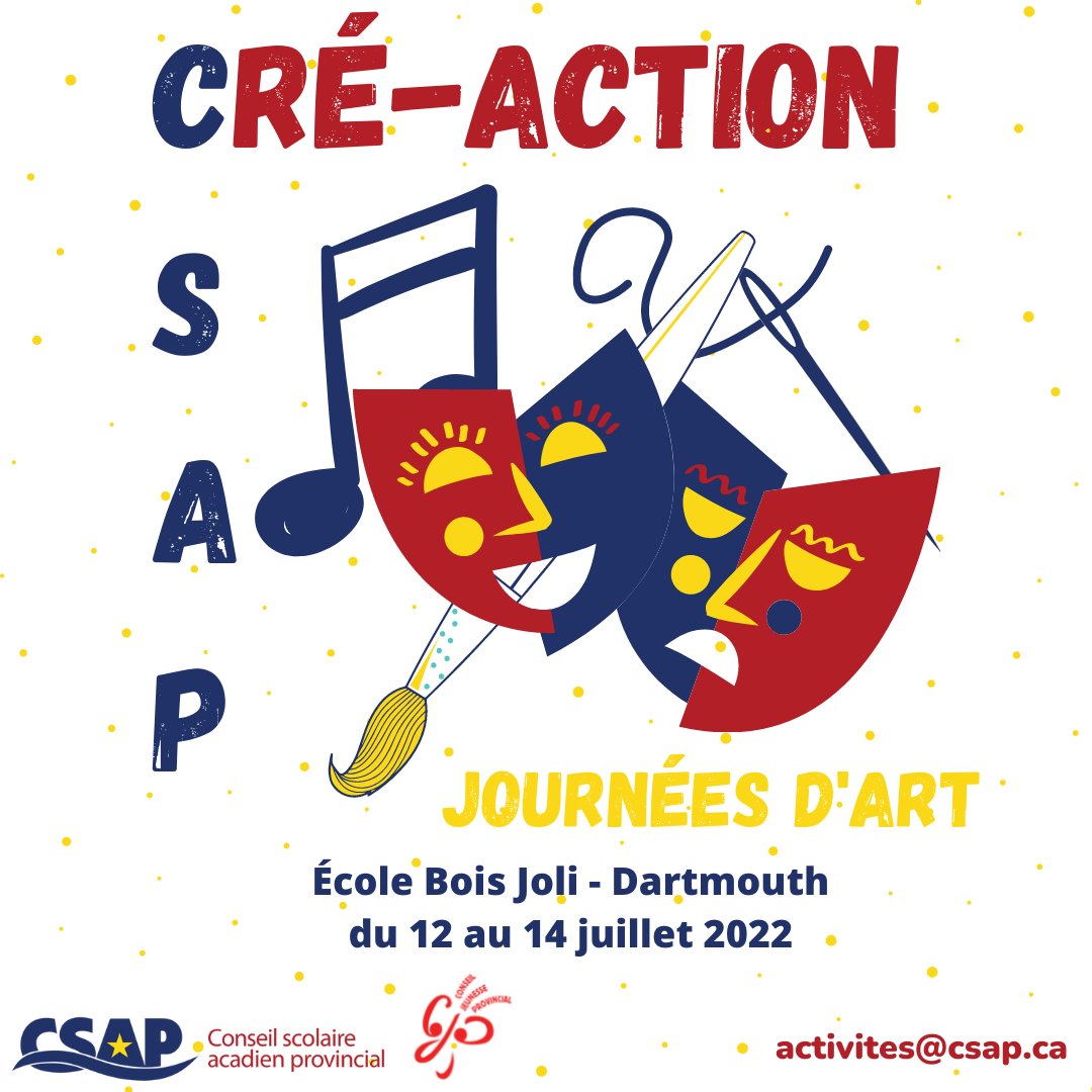 CSAP_Officiel's tweet photo. Tu as entre 11 et 14 ans et tu aimes les arts ? Alors, inscris-toi dès maintenant aux journées d'activités artistiques à l’École Bois-Joli du 12 au 14 juillet 2022.

Coût ? 30$ (1 journée) - 50$ (2 journées) - 70$ (3 journées)

Renseignements et inscriptions: activites@csap.ca. https://t.co/rJjxSiDOH6